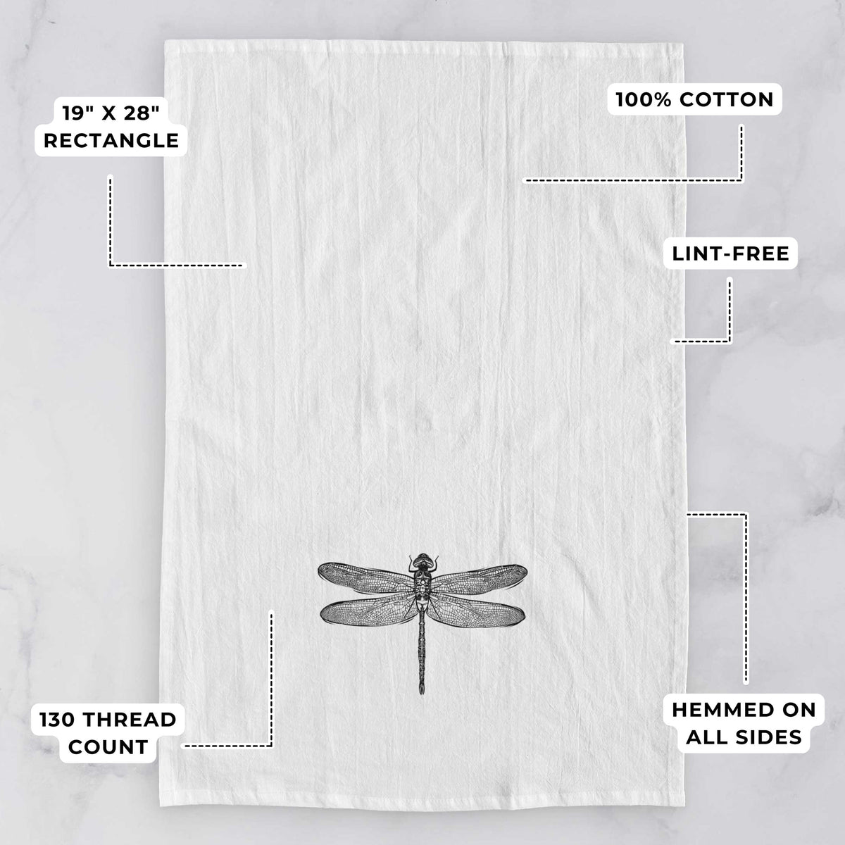 White tea towel printed with a detailed black ink illustration of a green darner dragonfly with its wings spread, seen from above, with feature labels: 19 by 28 inch rectangle, 100% cotton, lint-free, 130 thread count, hemmed on all sides.
