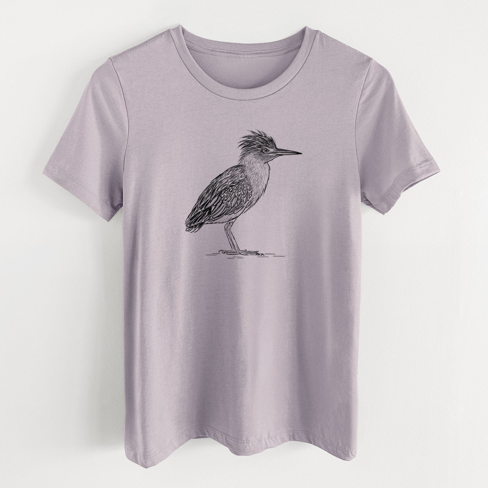 Light violet women's relaxed fit cotton t-shirt laid flat, printed with a detailed black ink illustration of a green heron standing with its crest raised.
