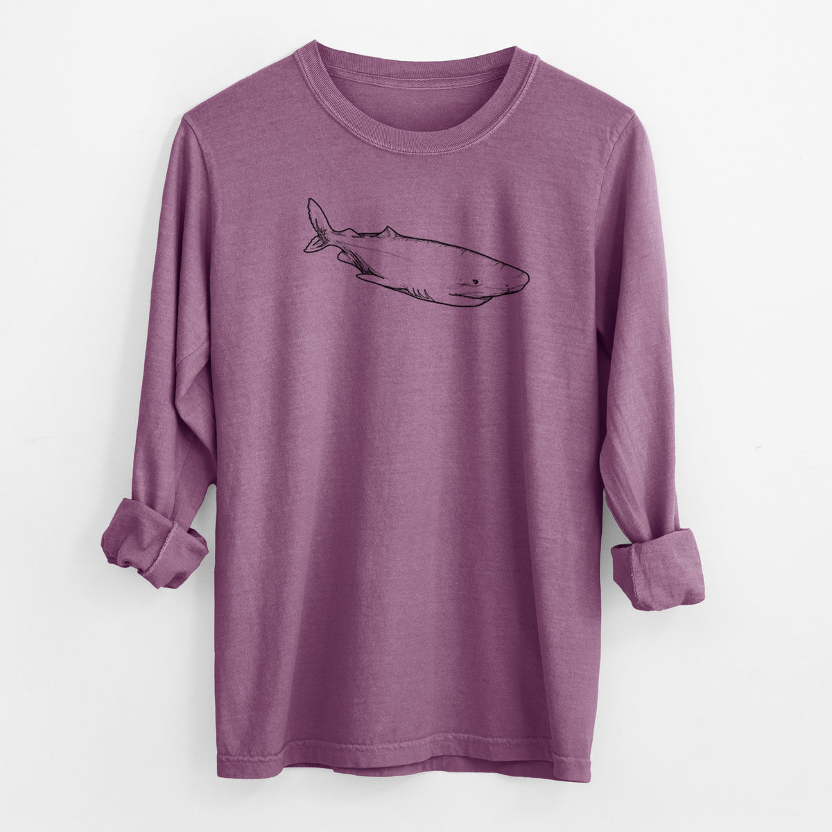 Berry pink Comfort Colors long sleeve shirt laid flat with the cuffs rolled, printed with a black ink illustration of a Greenland shark swimming.