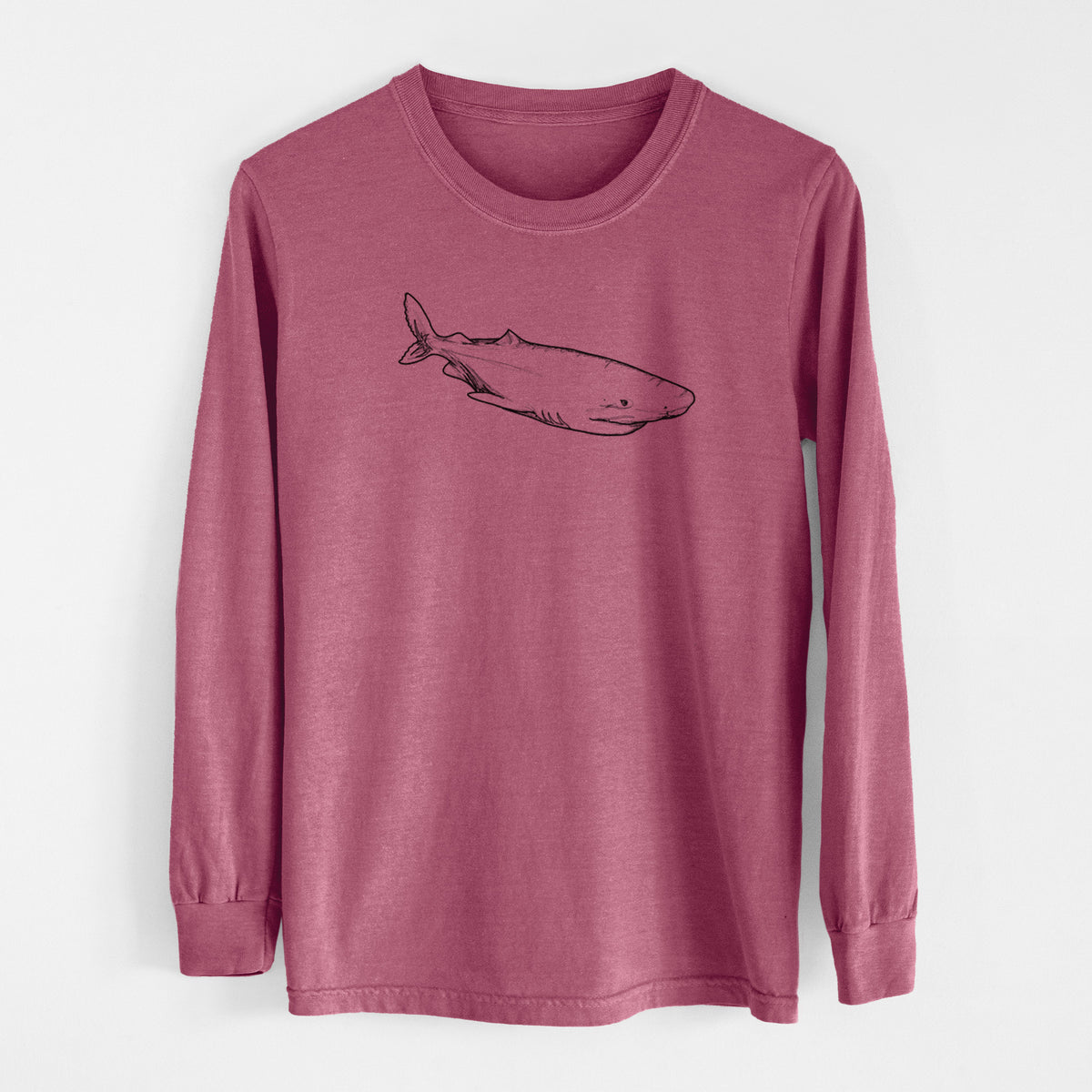 Crimson Comfort Colors long sleeve shirt laid flat, printed with a black ink illustration of a Greenland shark swimming.