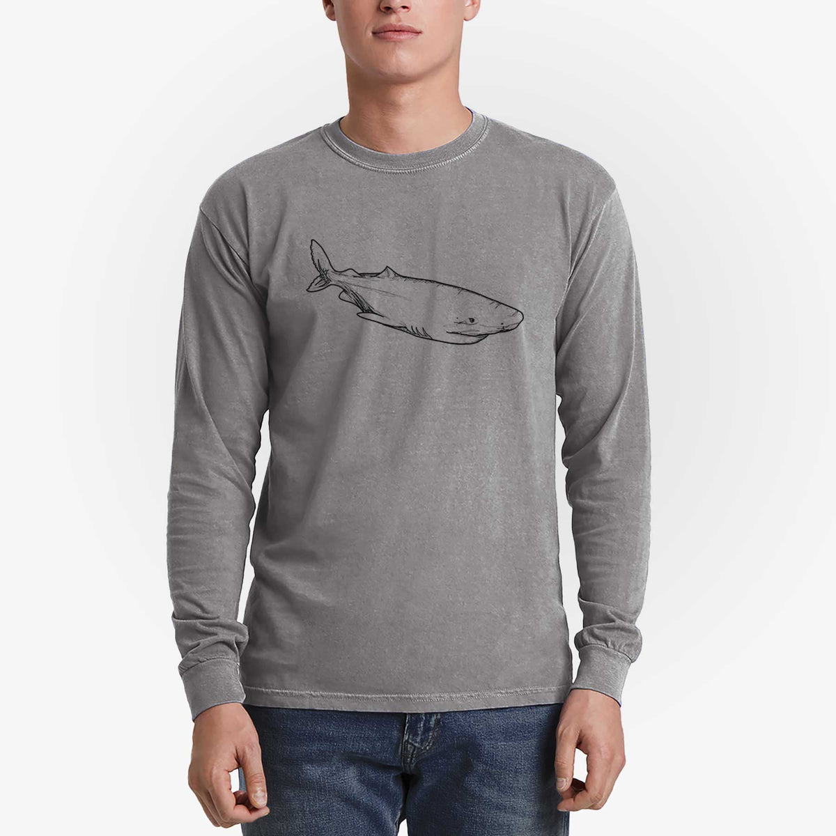 Man wearing a grey Comfort Colors long sleeve shirt printed with a black ink illustration of a Greenland shark swimming.