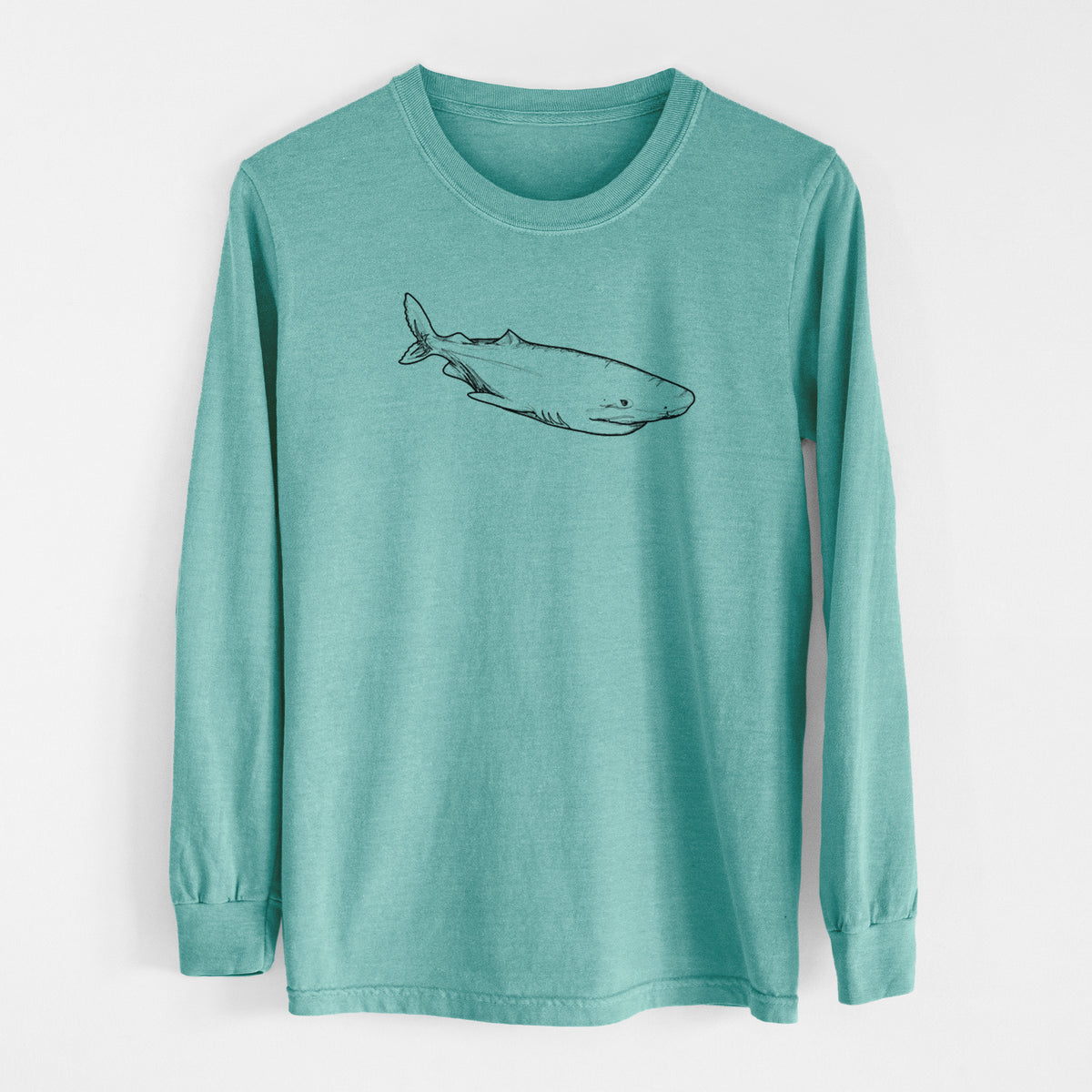 Reef green Comfort Colors long sleeve shirt laid flat, printed with a black ink illustration of a Greenland shark swimming.