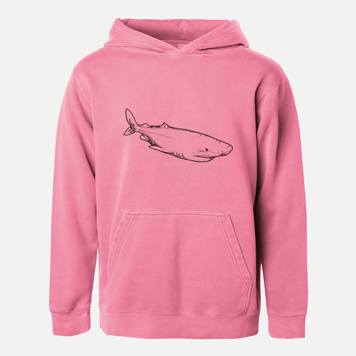 Pigment pink youth pigment dyed hoodie laid flat, printed with a black ink illustration of a Greenland shark swimming.