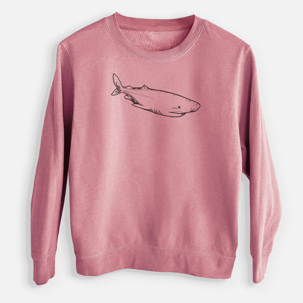 Mauve pink youth crewneck sweatshirt laid flat, printed with a black ink illustration of a Greenland shark swimming.