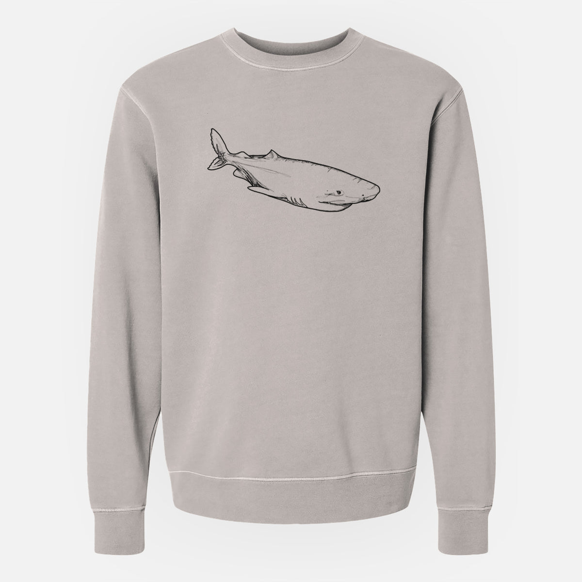 Cement grey pigment dyed crewneck sweatshirt laid flat, printed with a black ink illustration of a Greenland shark swimming.