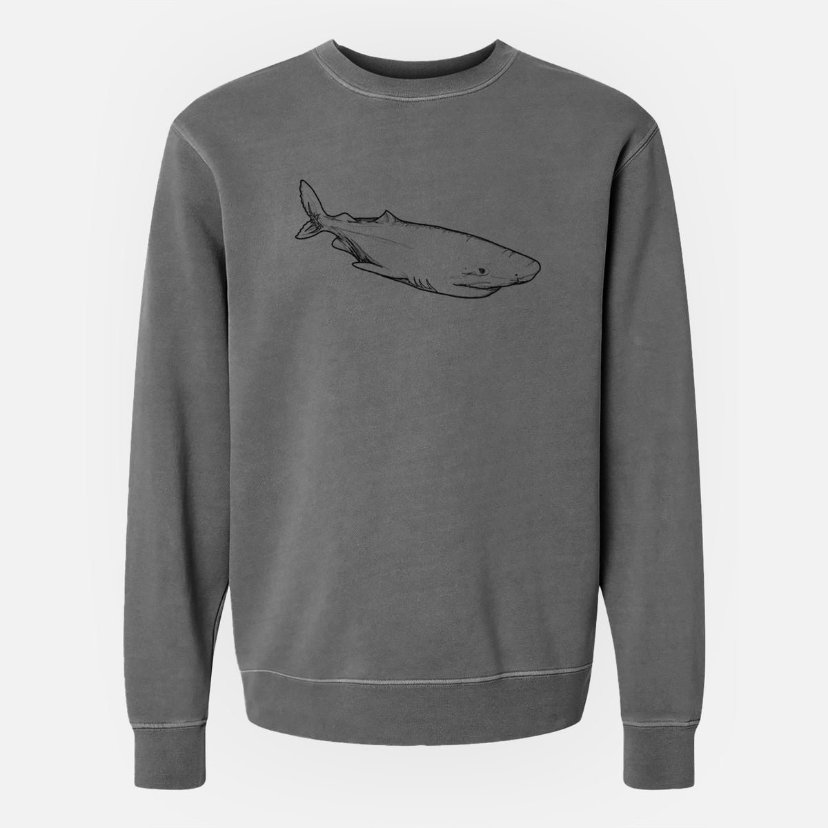 Faded black pigment dyed crewneck sweatshirt laid flat, printed with a black ink illustration of a Greenland shark swimming.