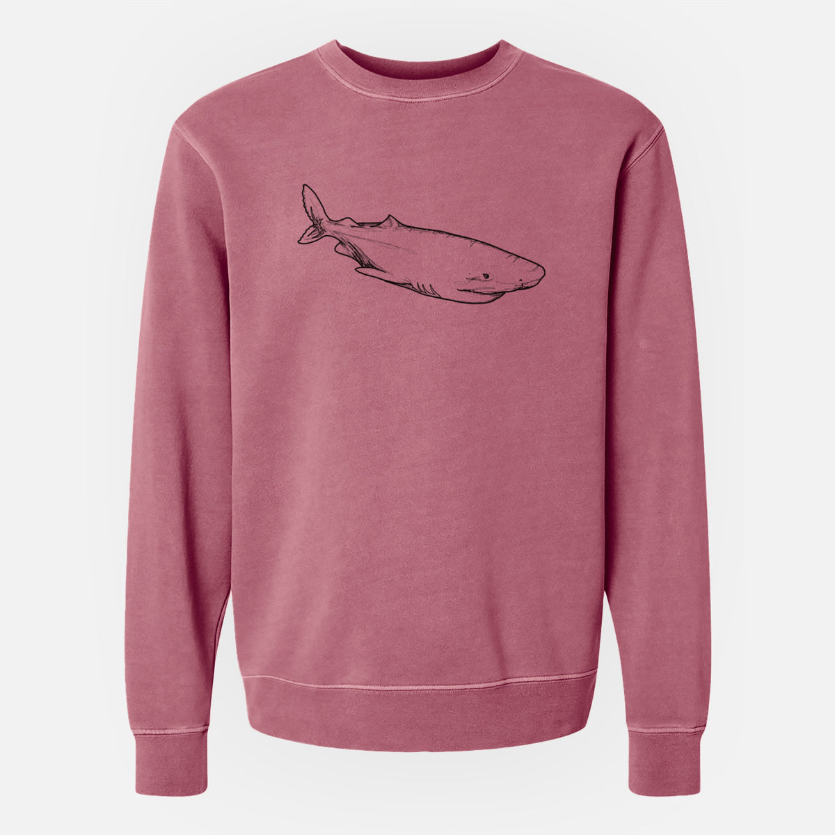 Maroon pigment dyed crewneck sweatshirt laid flat, printed with a black ink illustration of a Greenland shark swimming.
