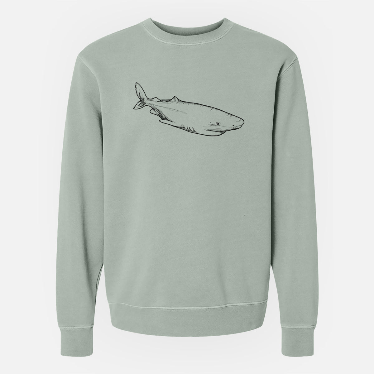Sage green pigment dyed crewneck sweatshirt laid flat, printed with a black ink illustration of a Greenland shark swimming.