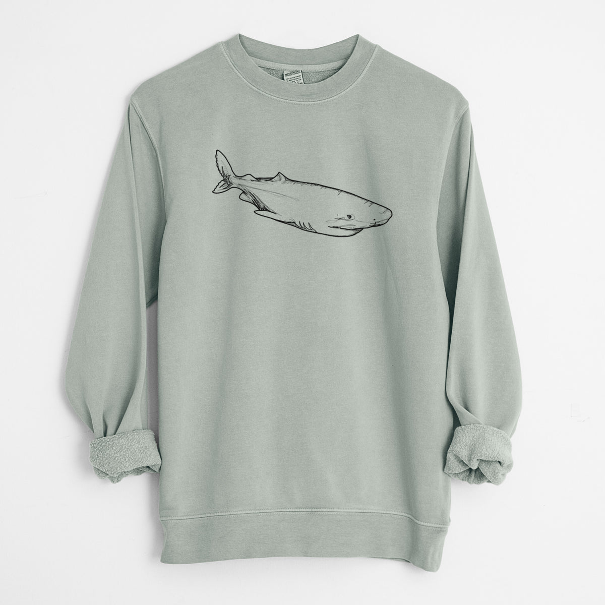 Sage green pigment dyed crewneck sweatshirt laid flat with the sleeves rolled, printed with a black ink illustration of a Greenland shark swimming.