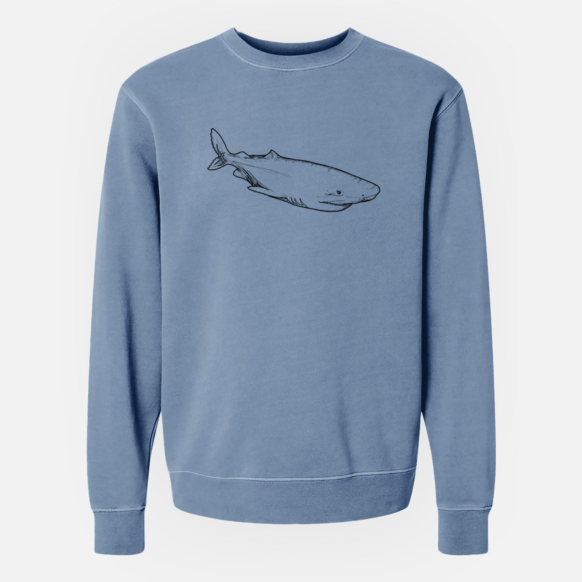 Slate blue pigment dyed crewneck sweatshirt laid flat, printed with a black ink illustration of a Greenland shark swimming.