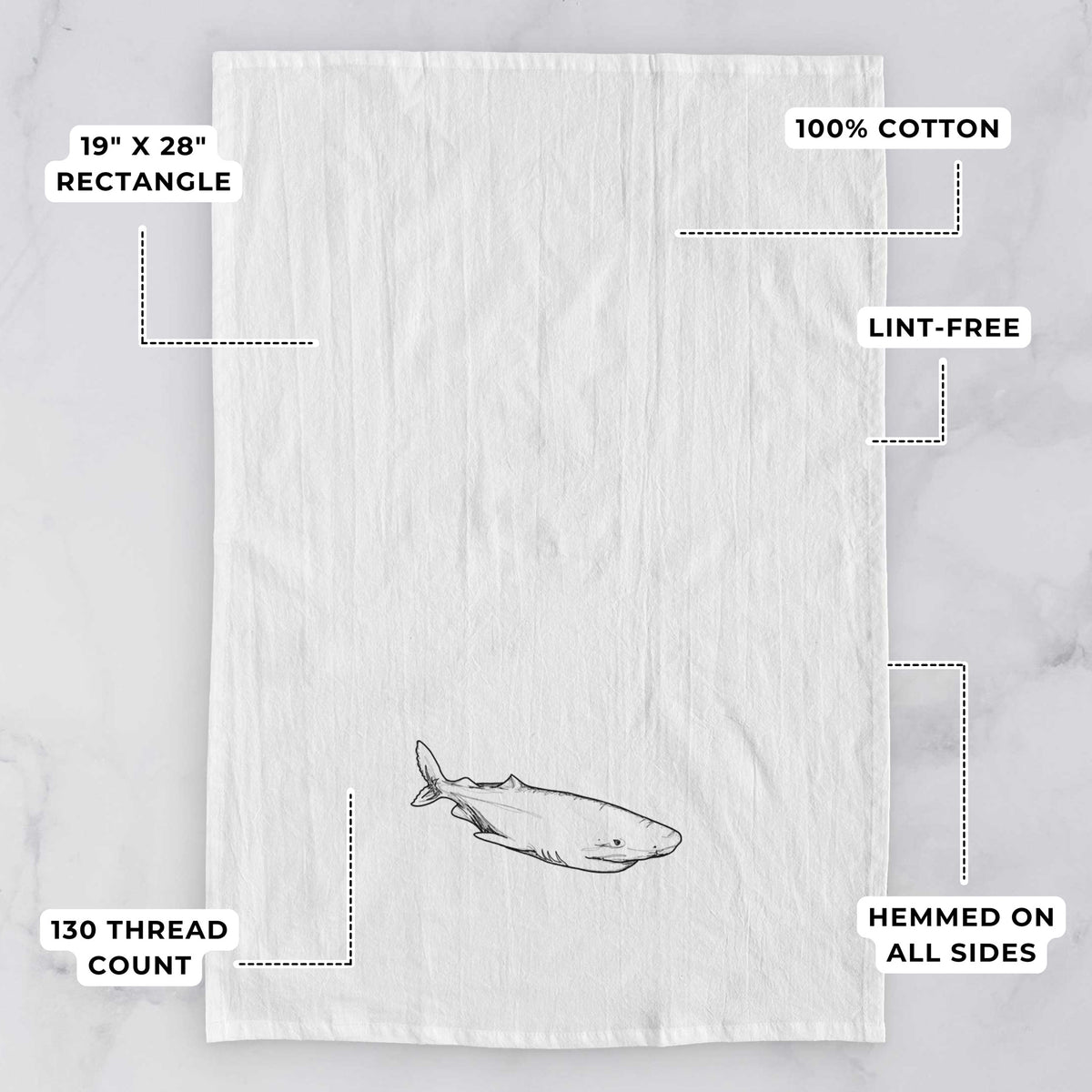 White tea towel printed with a black ink illustration of a Greenland shark swimming, with feature labels: 19 by 28 inch rectangle, 100% cotton, lint-free, 130 thread count, hemmed on all sides.