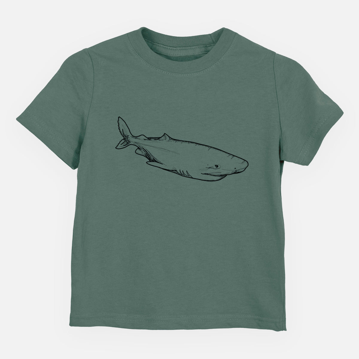 Basil green toddler t-shirt laid flat, printed with a black ink illustration of a Greenland shark swimming.