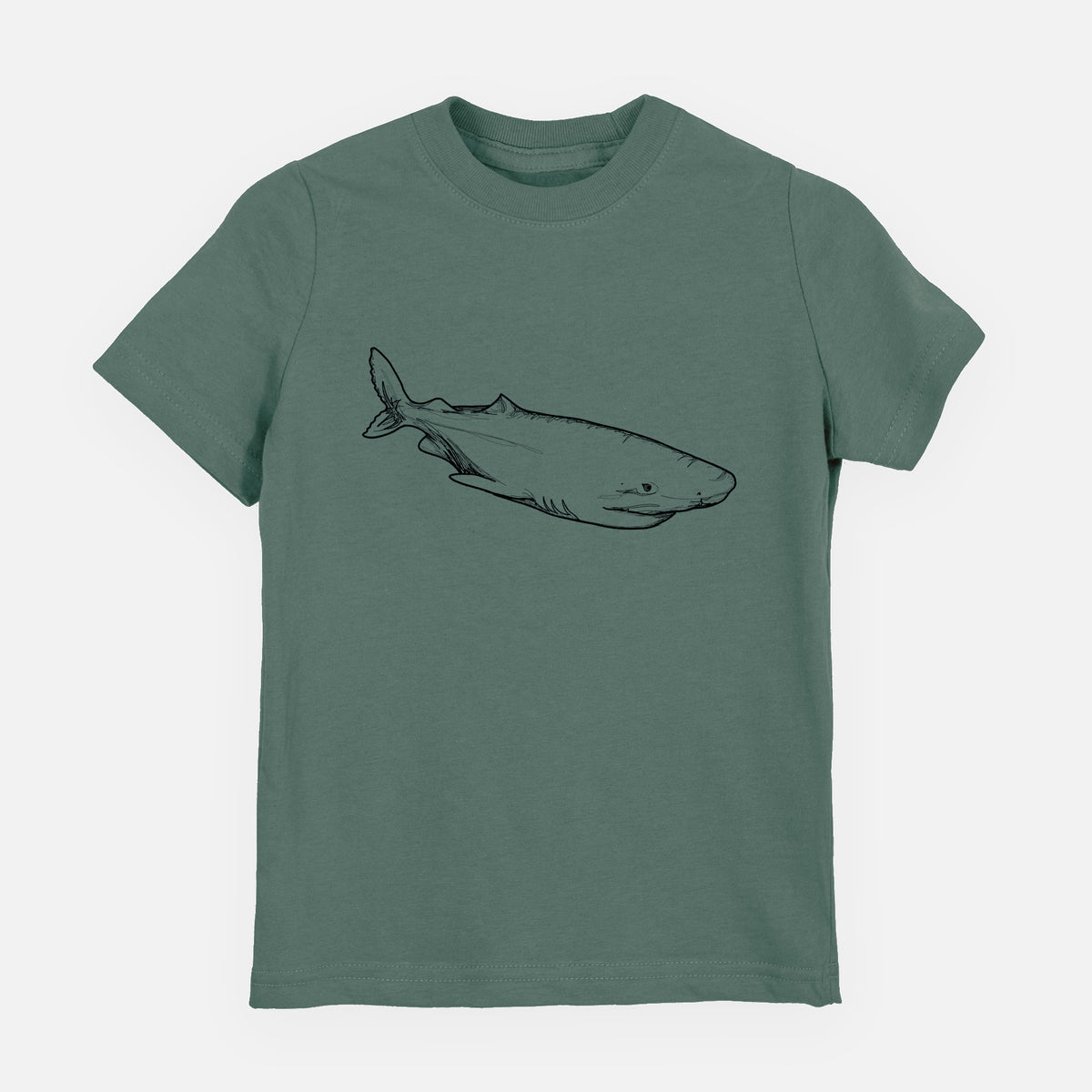 Basil green youth t-shirt laid flat, printed with a black ink illustration of a Greenland shark swimming.