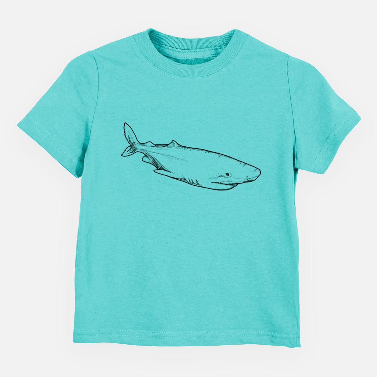 Caribbean blue toddler t-shirt laid flat, printed with a black ink illustration of a Greenland shark swimming.