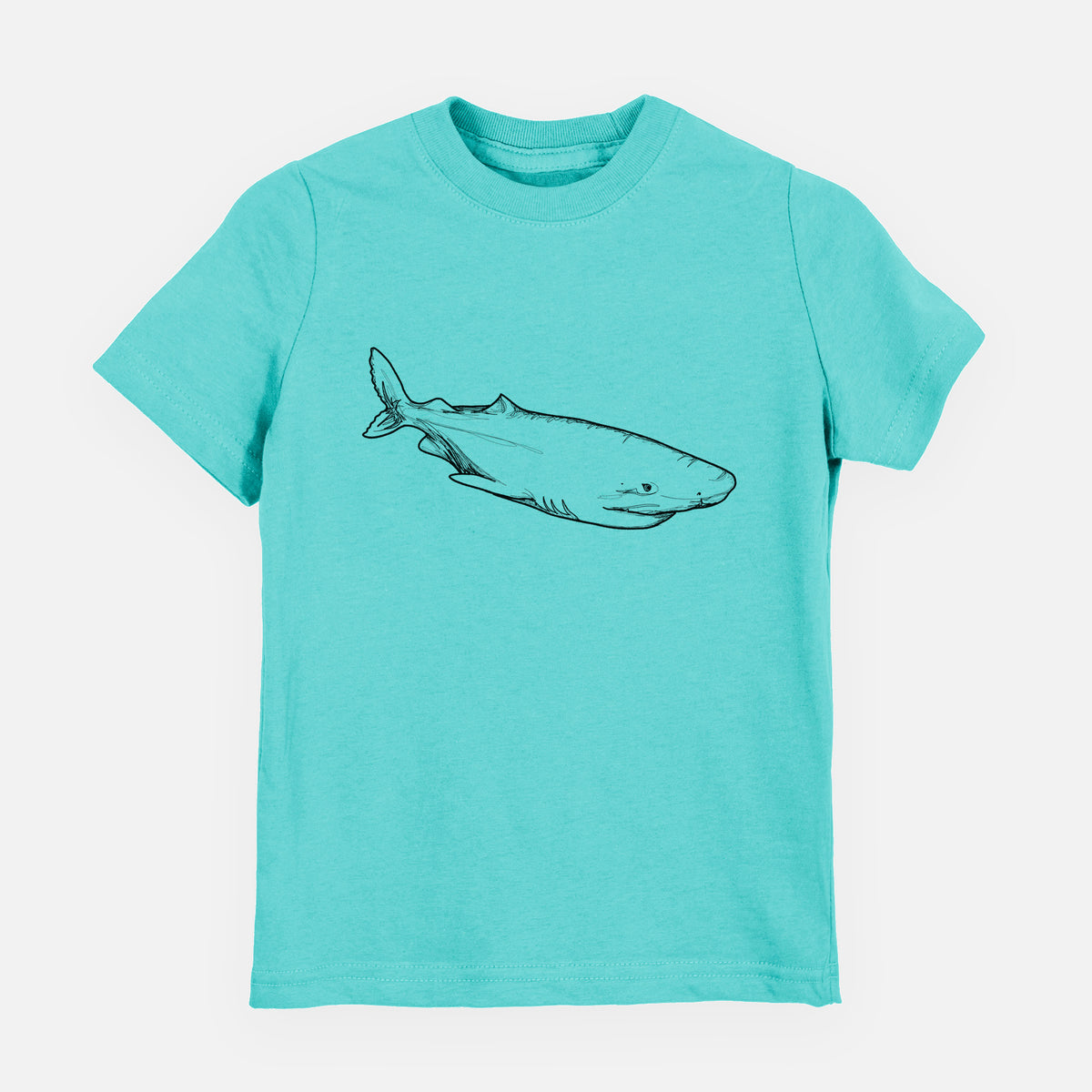 Caribbean blue youth t-shirt laid flat, printed with a black ink illustration of a Greenland shark swimming.