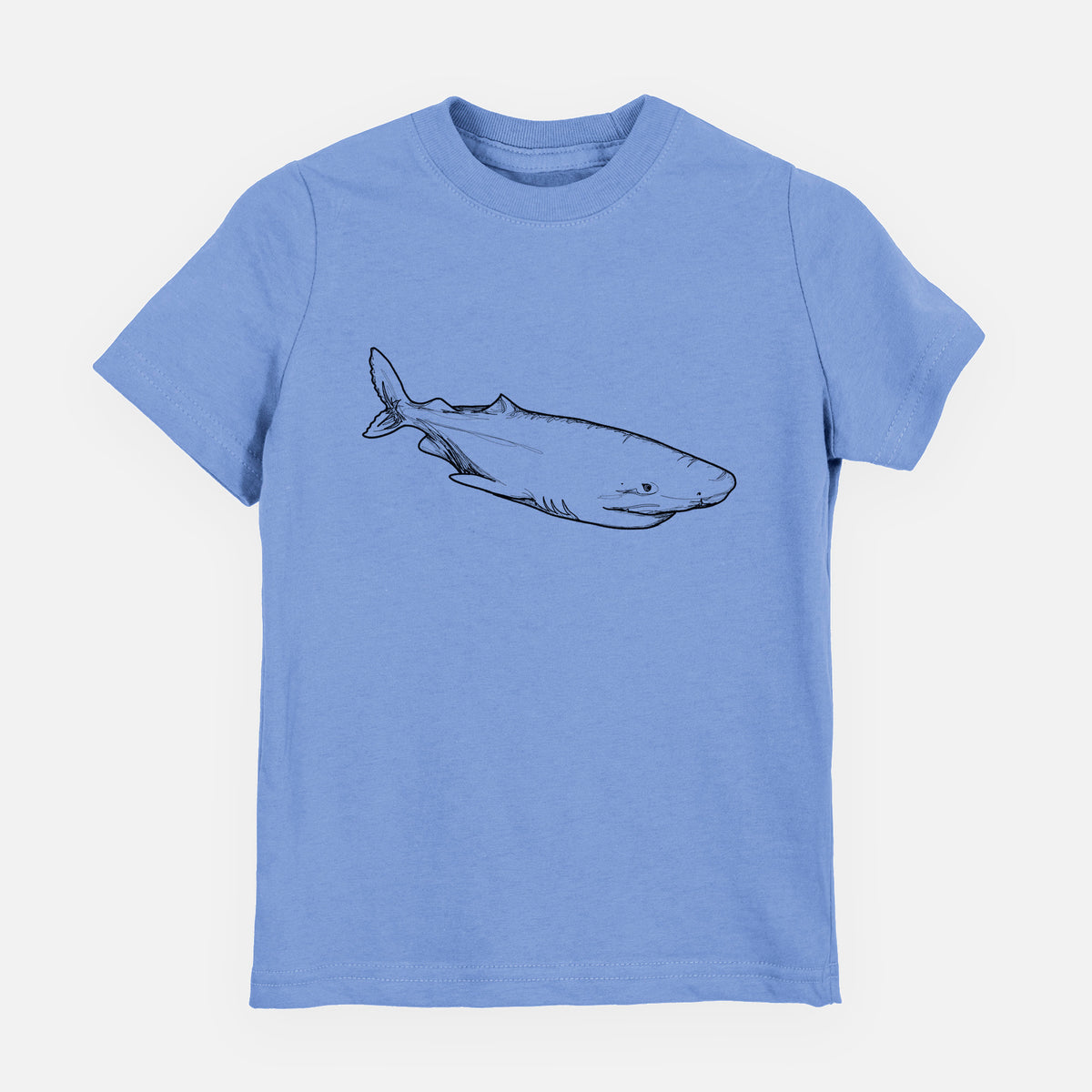 Carolina blue youth t-shirt laid flat, printed with a black ink illustration of a Greenland shark swimming.