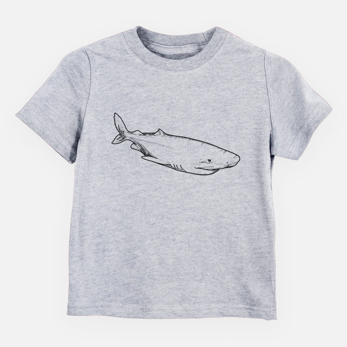 Heather grey toddler t-shirt laid flat, printed with a black ink illustration of a Greenland shark swimming.