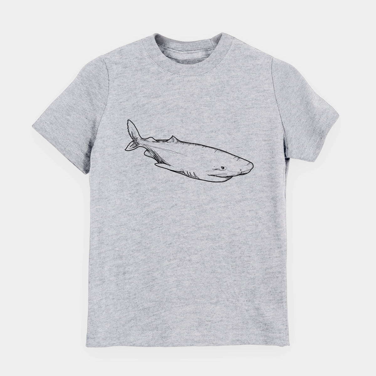 Heather grey youth t-shirt laid flat, printed with a black ink illustration of a Greenland shark swimming.