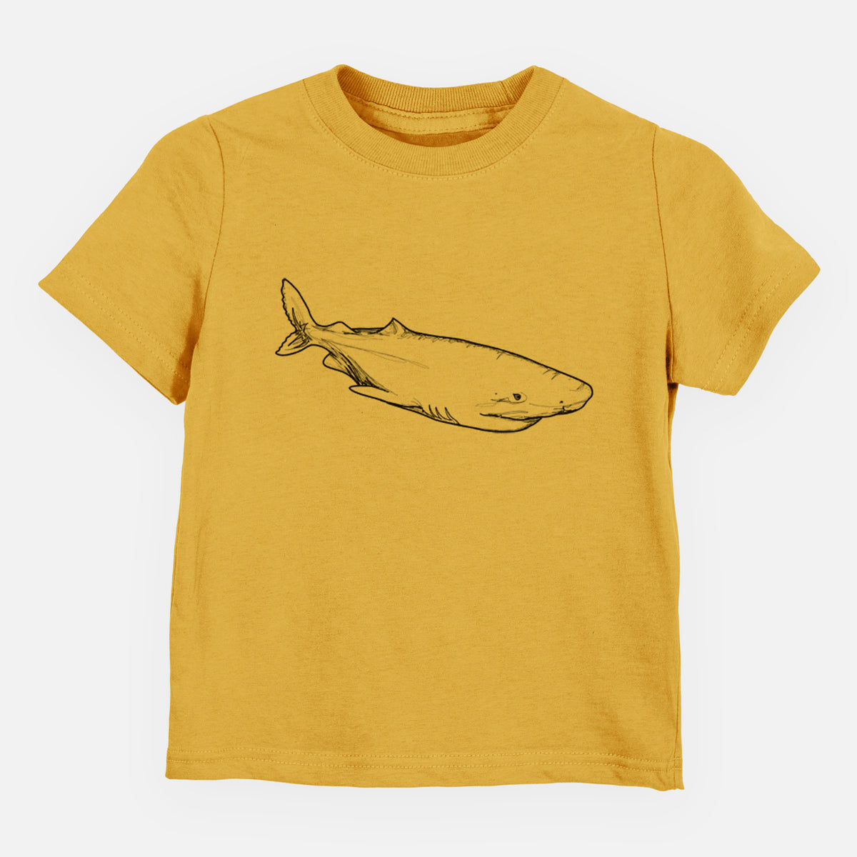 Honeycomb yellow toddler t-shirt laid flat, printed with a black ink illustration of a Greenland shark swimming.