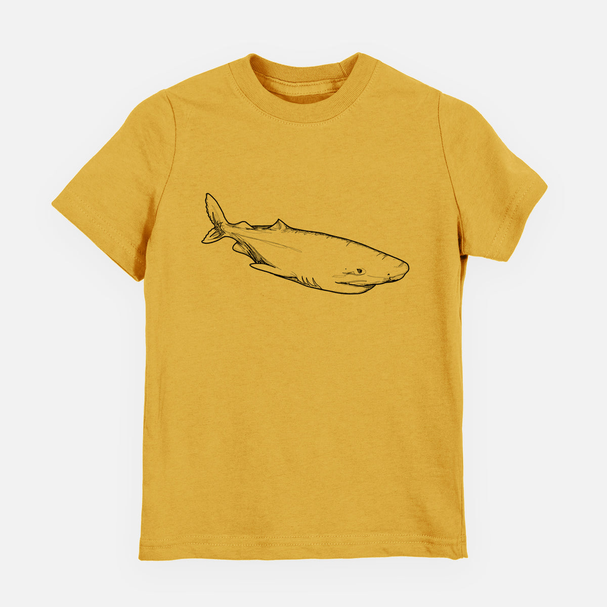 Honeycomb yellow youth t-shirt laid flat, printed with a black ink illustration of a Greenland shark swimming.