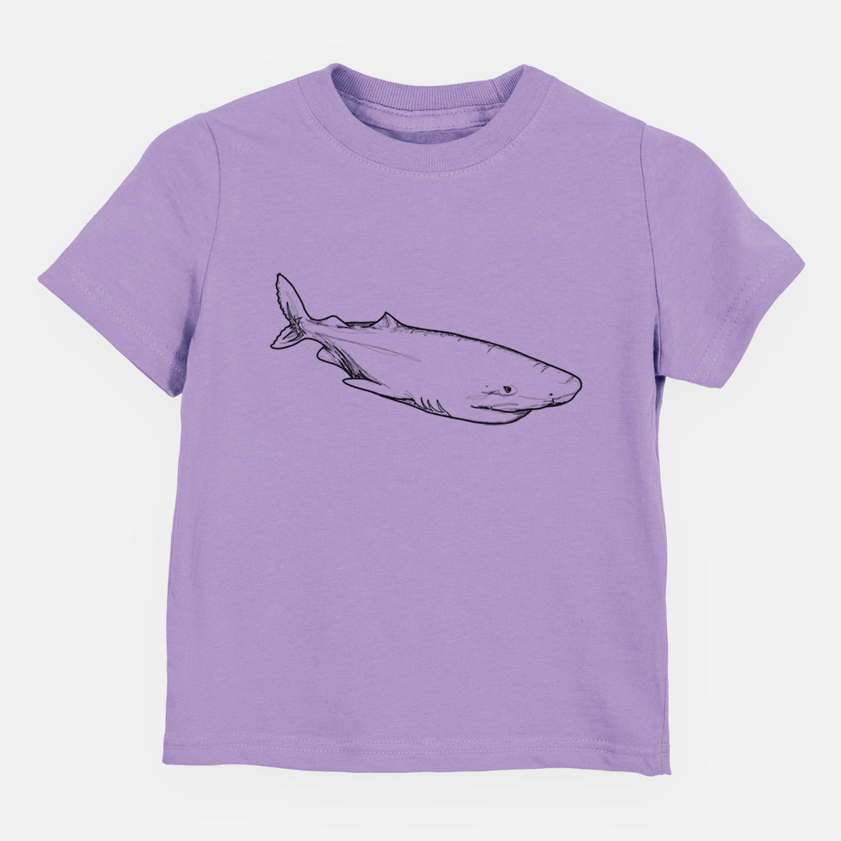 Lavender toddler t-shirt laid flat, printed with a black ink illustration of a Greenland shark swimming.