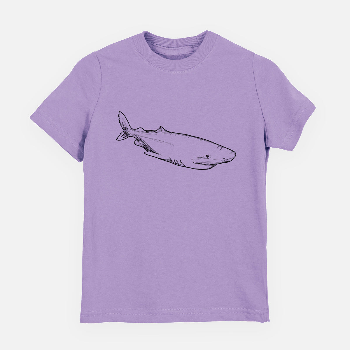 Lavender youth t-shirt laid flat, printed with a black ink illustration of a Greenland shark swimming.