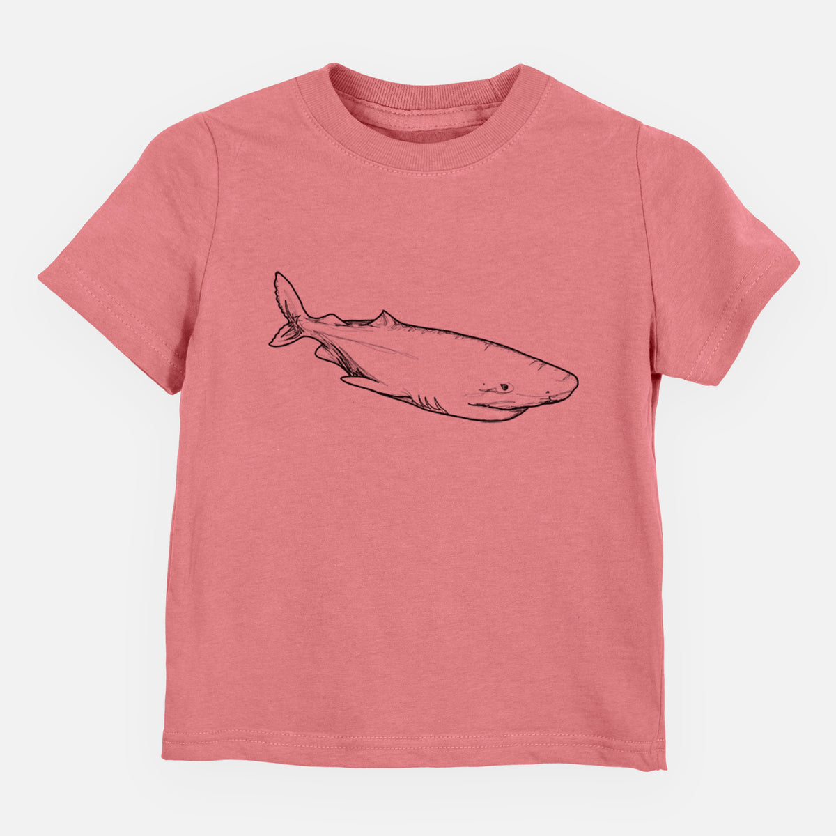 Mauve pink toddler t-shirt laid flat, printed with a black ink illustration of a Greenland shark swimming.