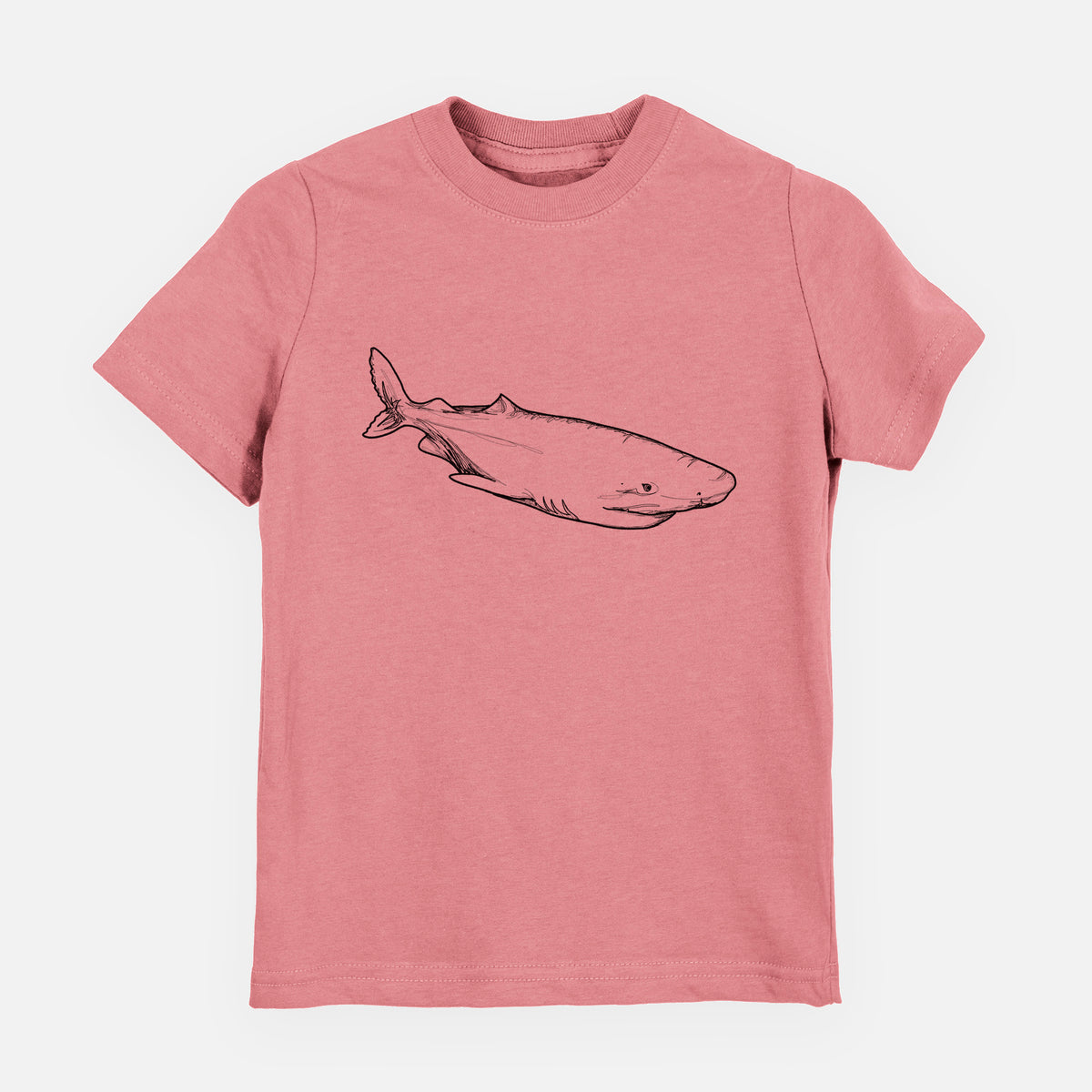 Mauve pink youth t-shirt laid flat, printed with a black ink illustration of a Greenland shark swimming.