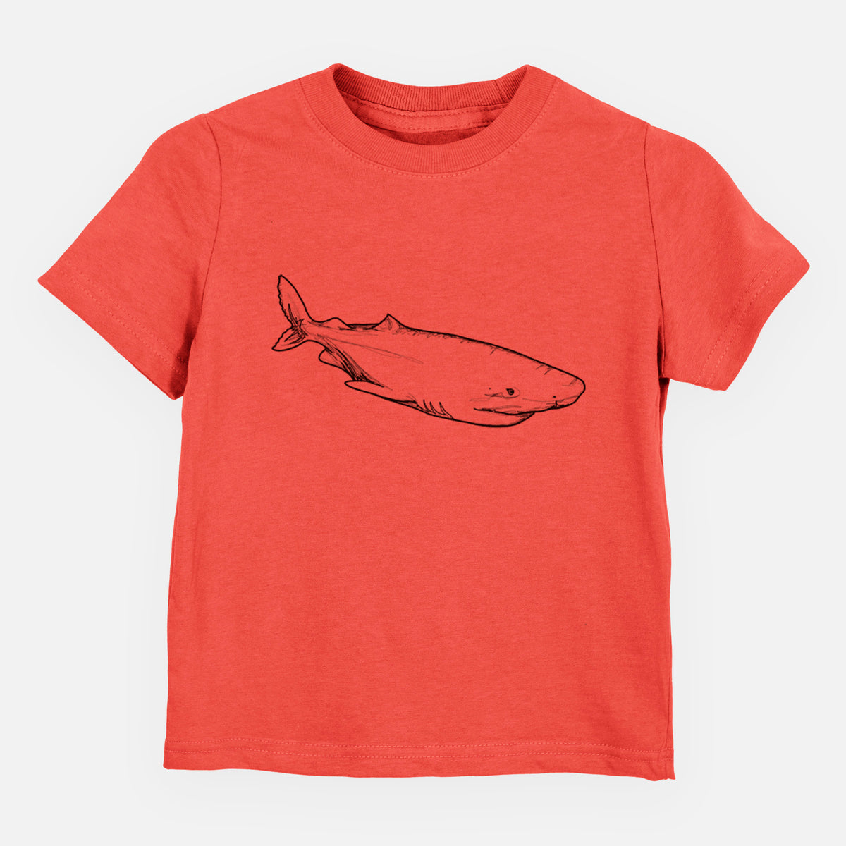 Passionfruit pink toddler t-shirt laid flat, printed with a black ink illustration of a Greenland shark swimming.