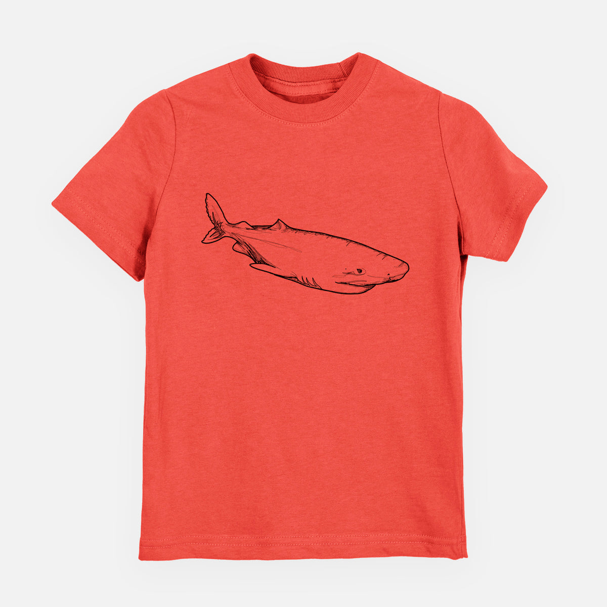 Passionfruit pink youth t-shirt laid flat, printed with a black ink illustration of a Greenland shark swimming.