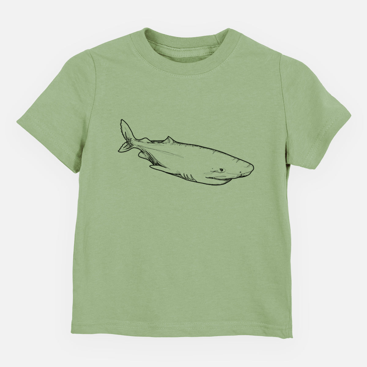 Sage green toddler t-shirt laid flat, printed with a black ink illustration of a Greenland shark swimming.
