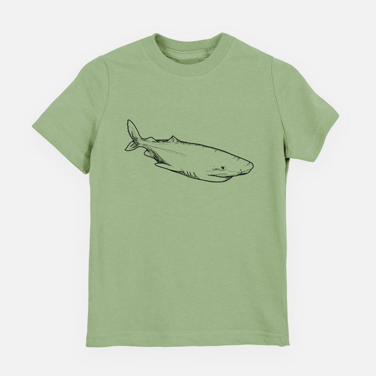 Sage green youth t-shirt laid flat, printed with a black ink illustration of a Greenland shark swimming.