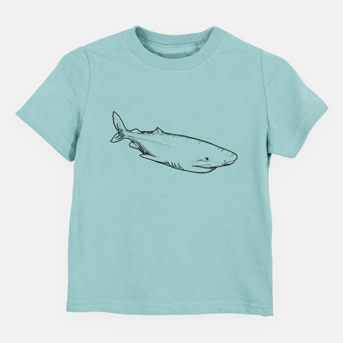Saltwater toddler t-shirt laid flat, printed with a black ink illustration of a Greenland shark swimming.