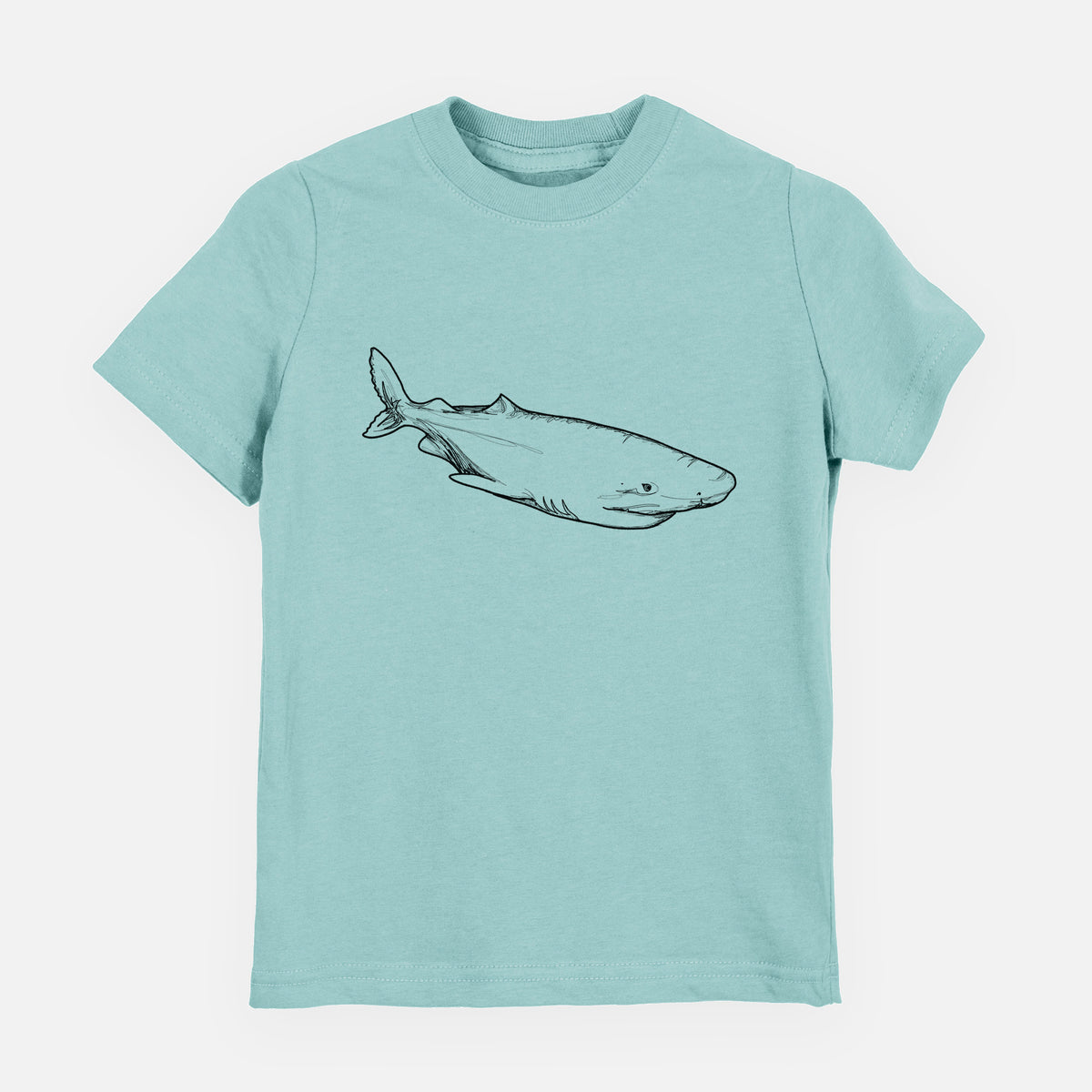 Saltwater youth t-shirt laid flat, printed with a black ink illustration of a Greenland shark swimming.