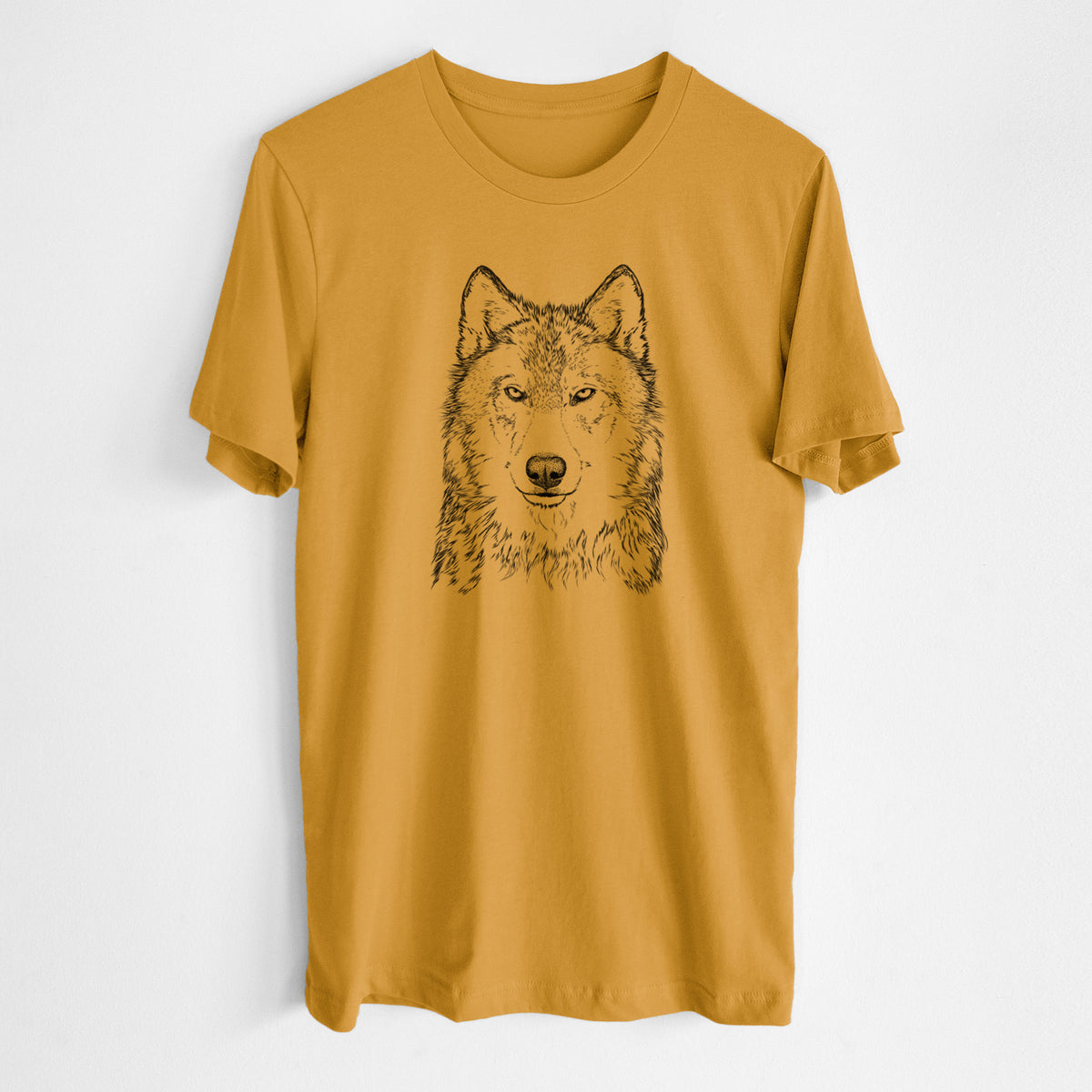 Honeycomb yellow lightweight cotton t-shirt laid flat, printed with a detailed black ink portrait of a grey wolf facing forward.