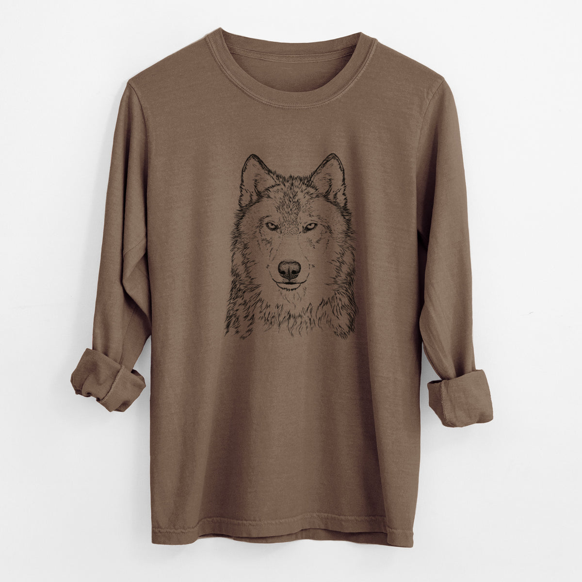 Espresso brown Comfort Colors long sleeve shirt laid flat with the cuffs rolled, printed with a detailed black ink portrait of a grey wolf facing forward.