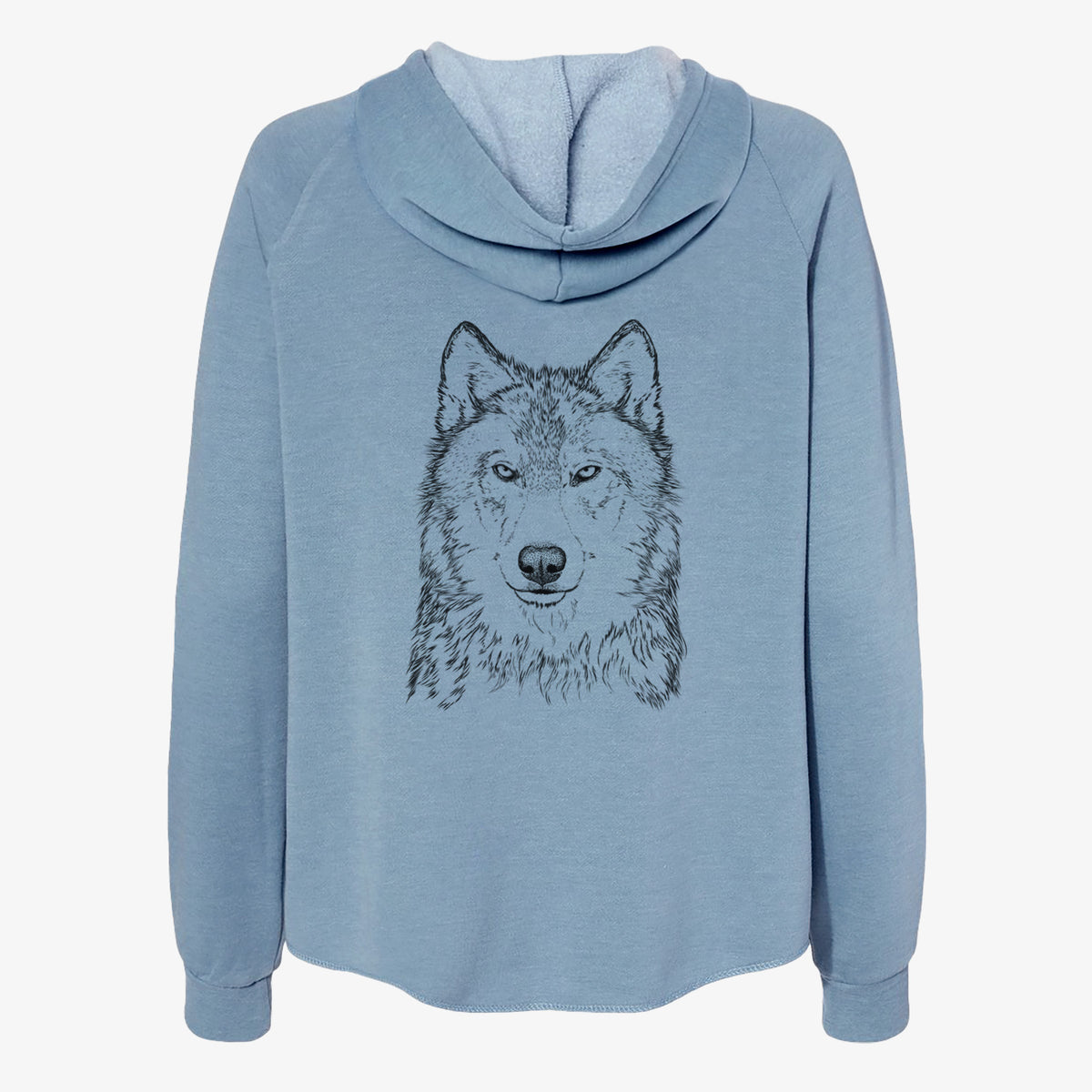 Misty blue women's Cali Wave zip-up sweatshirt laid flat, printed with a detailed black ink portrait of a grey wolf facing forward.