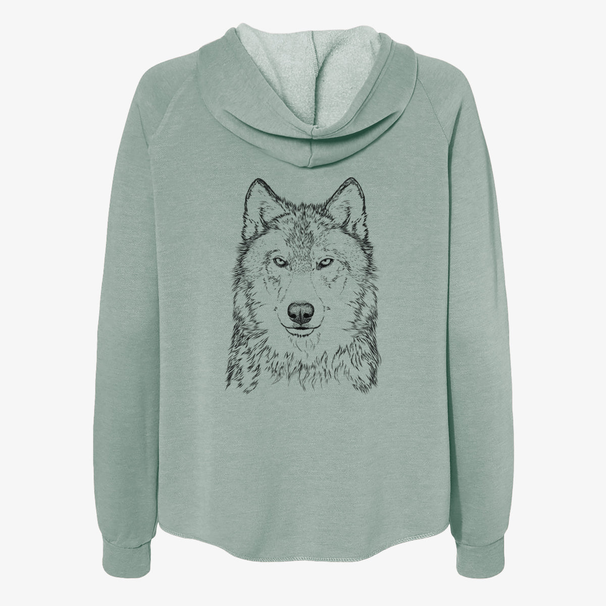 Sage green women's Cali Wave zip-up sweatshirt laid flat, printed with a detailed black ink portrait of a grey wolf facing forward.