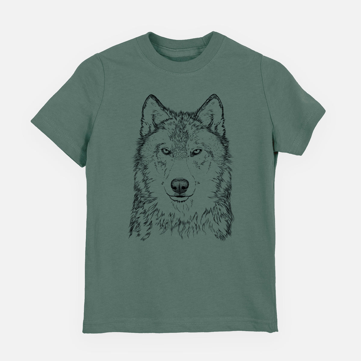 Basil green youth t-shirt laid flat, printed with a detailed black ink portrait of a grey wolf facing forward.