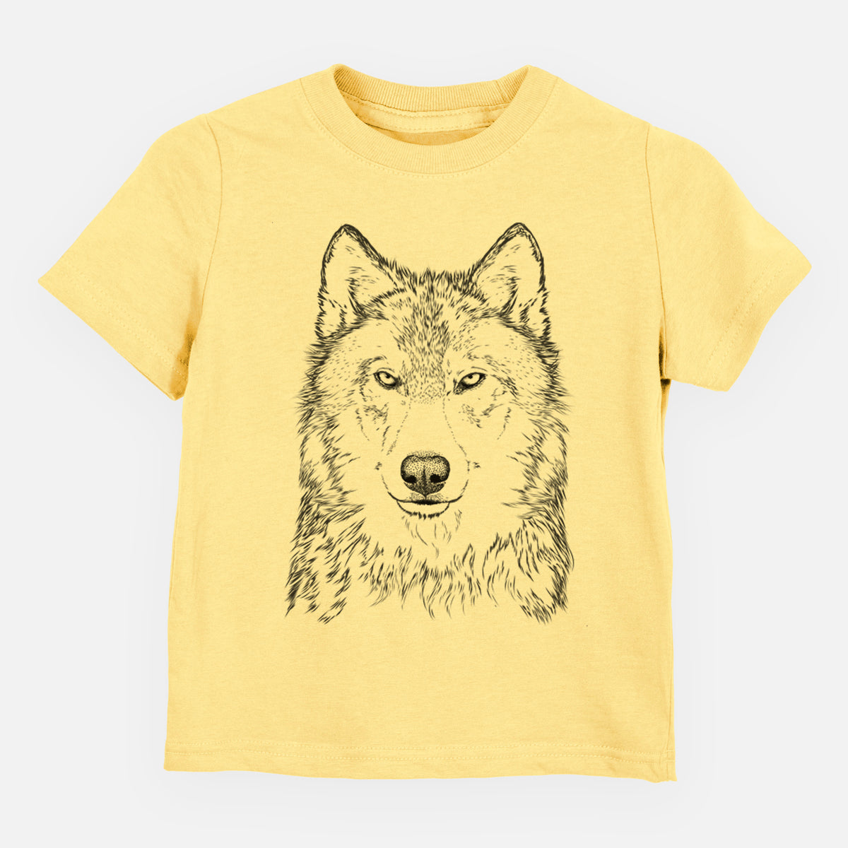 Butter yellow toddler t-shirt laid flat, printed with a detailed black ink portrait of a grey wolf facing forward.