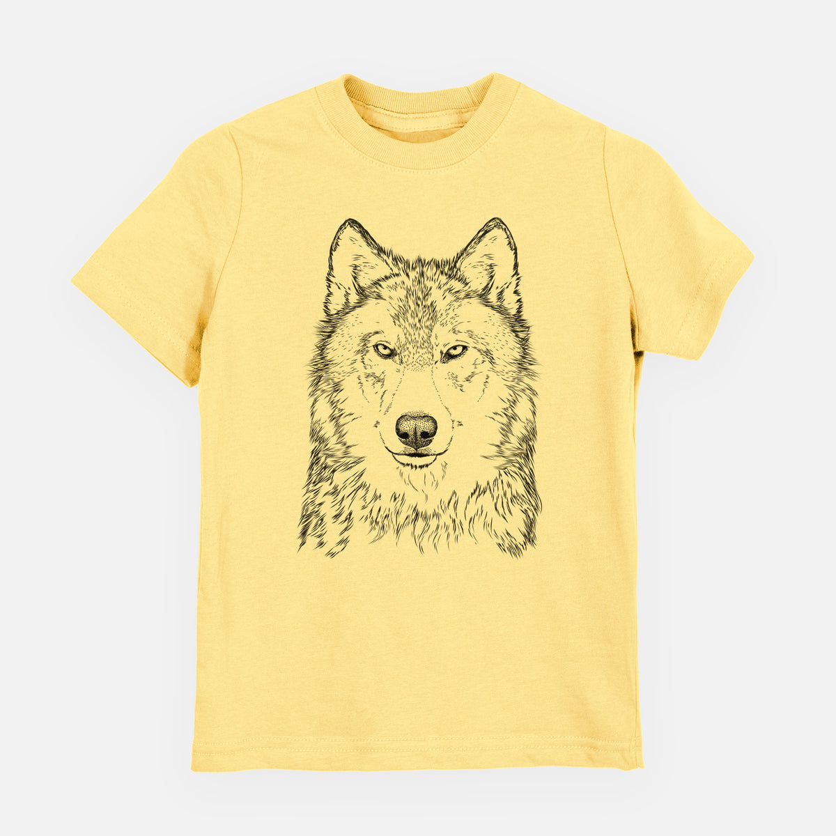Butter yellow youth t-shirt laid flat, printed with a detailed black ink portrait of a grey wolf facing forward.