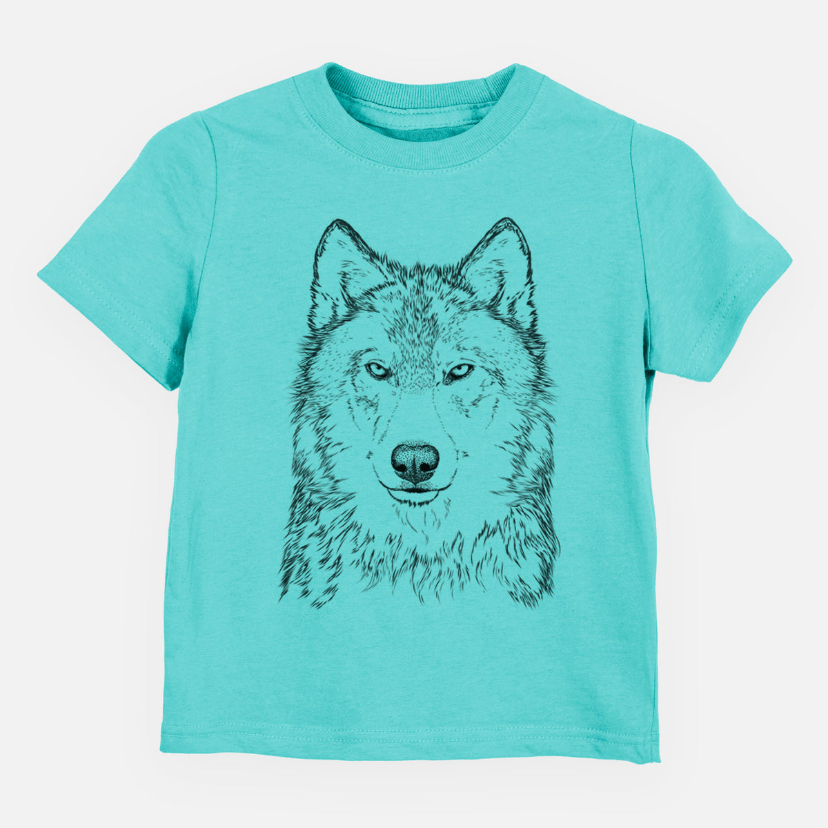 Caribbean blue toddler t-shirt laid flat, printed with a detailed black ink portrait of a grey wolf facing forward.