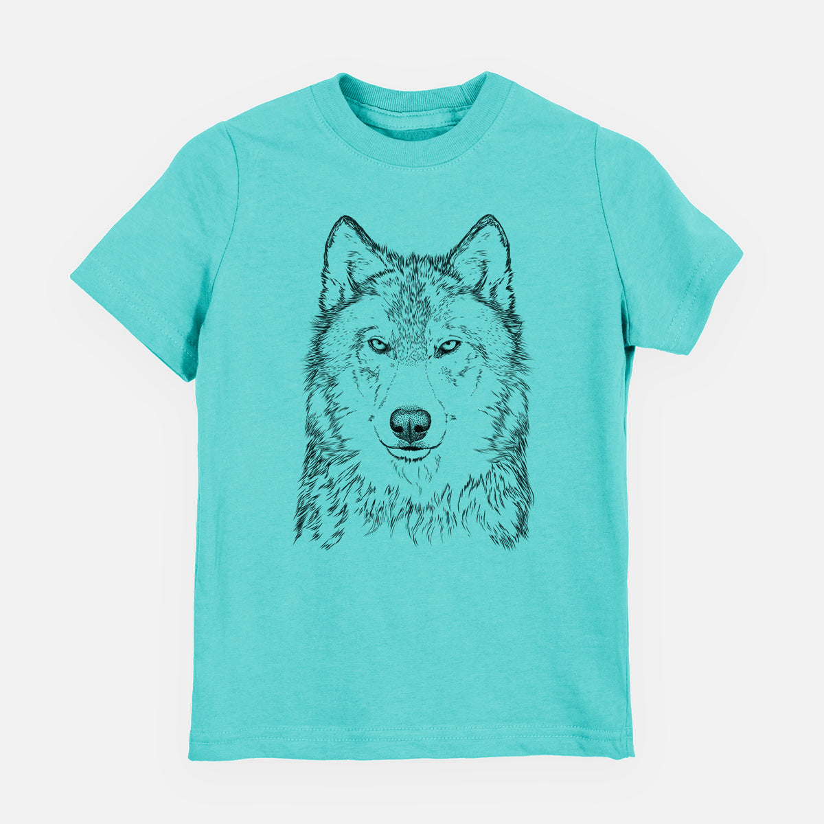Caribbean blue youth t-shirt laid flat, printed with a detailed black ink portrait of a grey wolf facing forward.