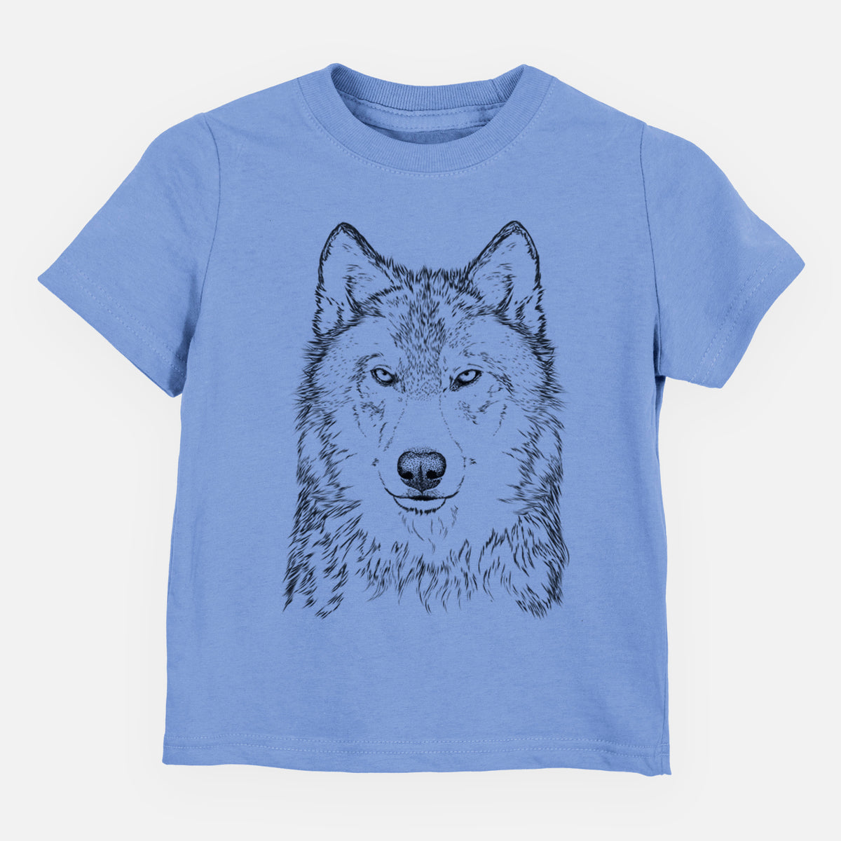 Carolina blue toddler t-shirt laid flat, printed with a detailed black ink portrait of a grey wolf facing forward.