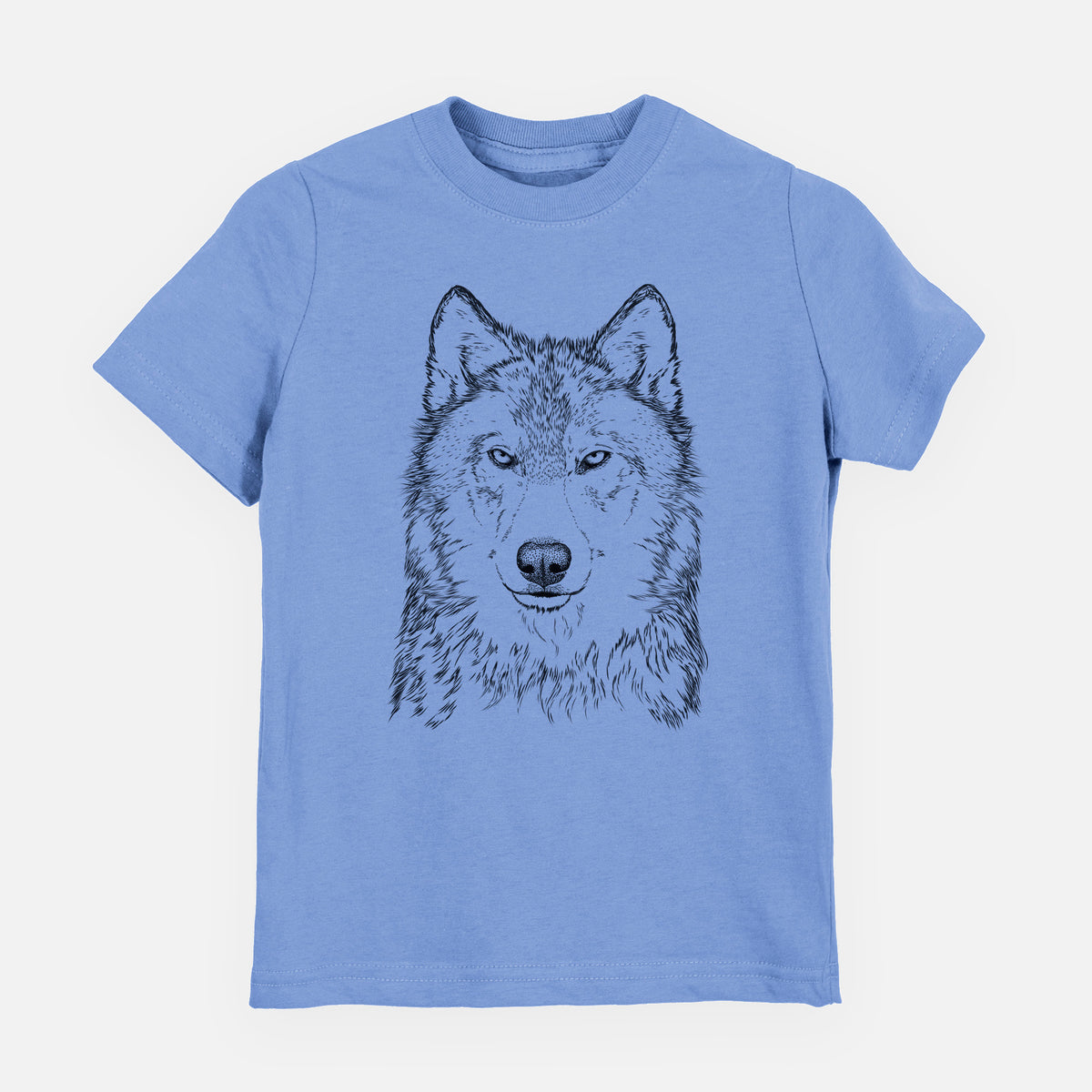 Carolina blue youth t-shirt laid flat, printed with a detailed black ink portrait of a grey wolf facing forward.