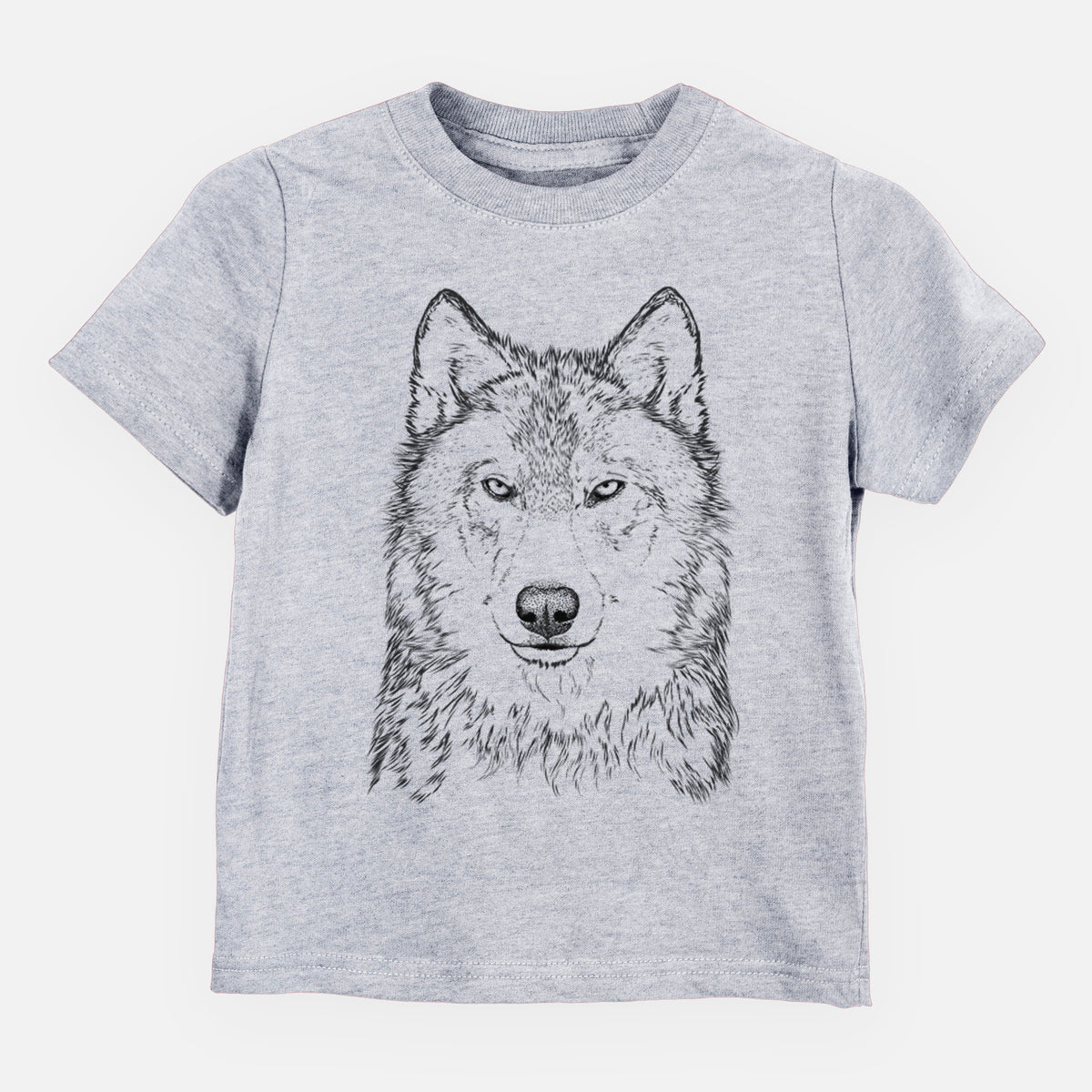 Heather grey toddler t-shirt laid flat, printed with a detailed black ink portrait of a grey wolf facing forward.