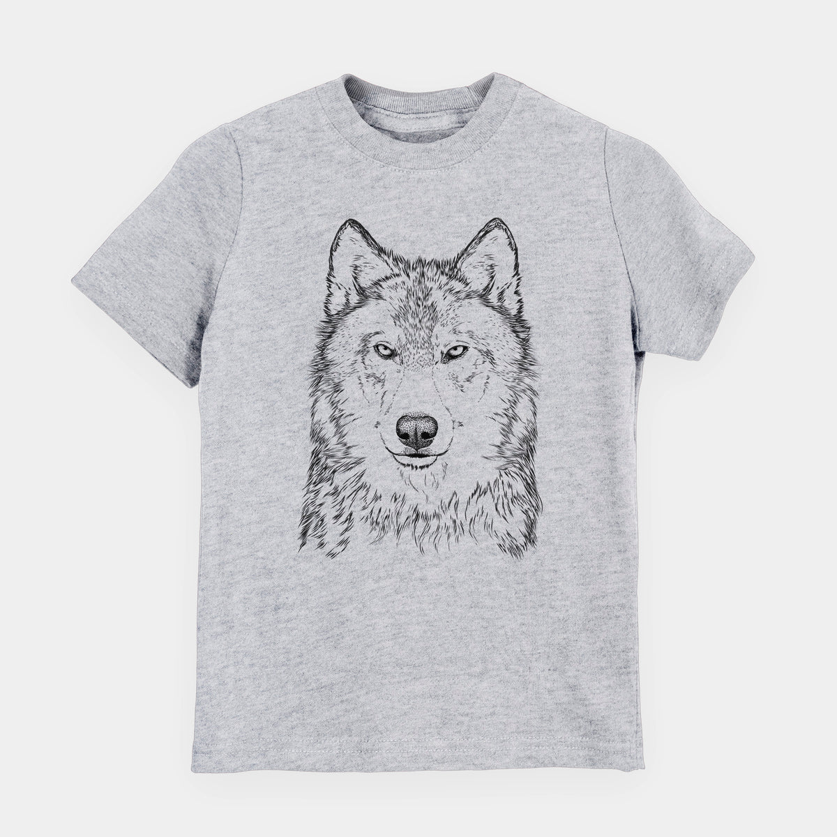 Heather grey youth t-shirt laid flat, printed with a detailed black ink portrait of a grey wolf facing forward.