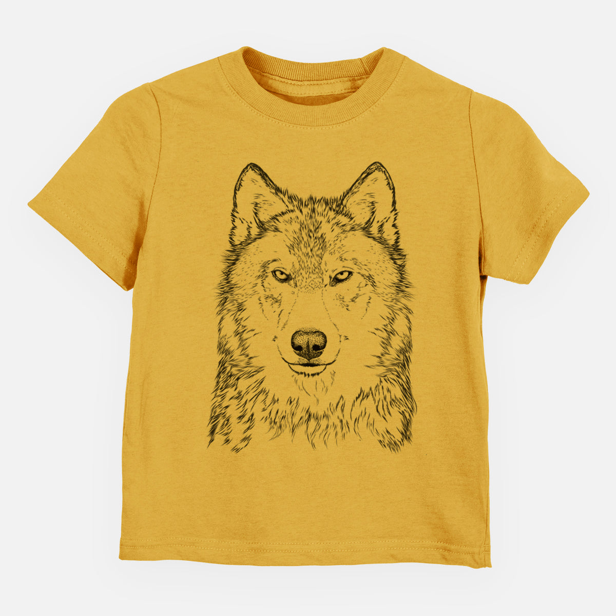 Honeycomb yellow toddler t-shirt laid flat, printed with a detailed black ink portrait of a grey wolf facing forward.