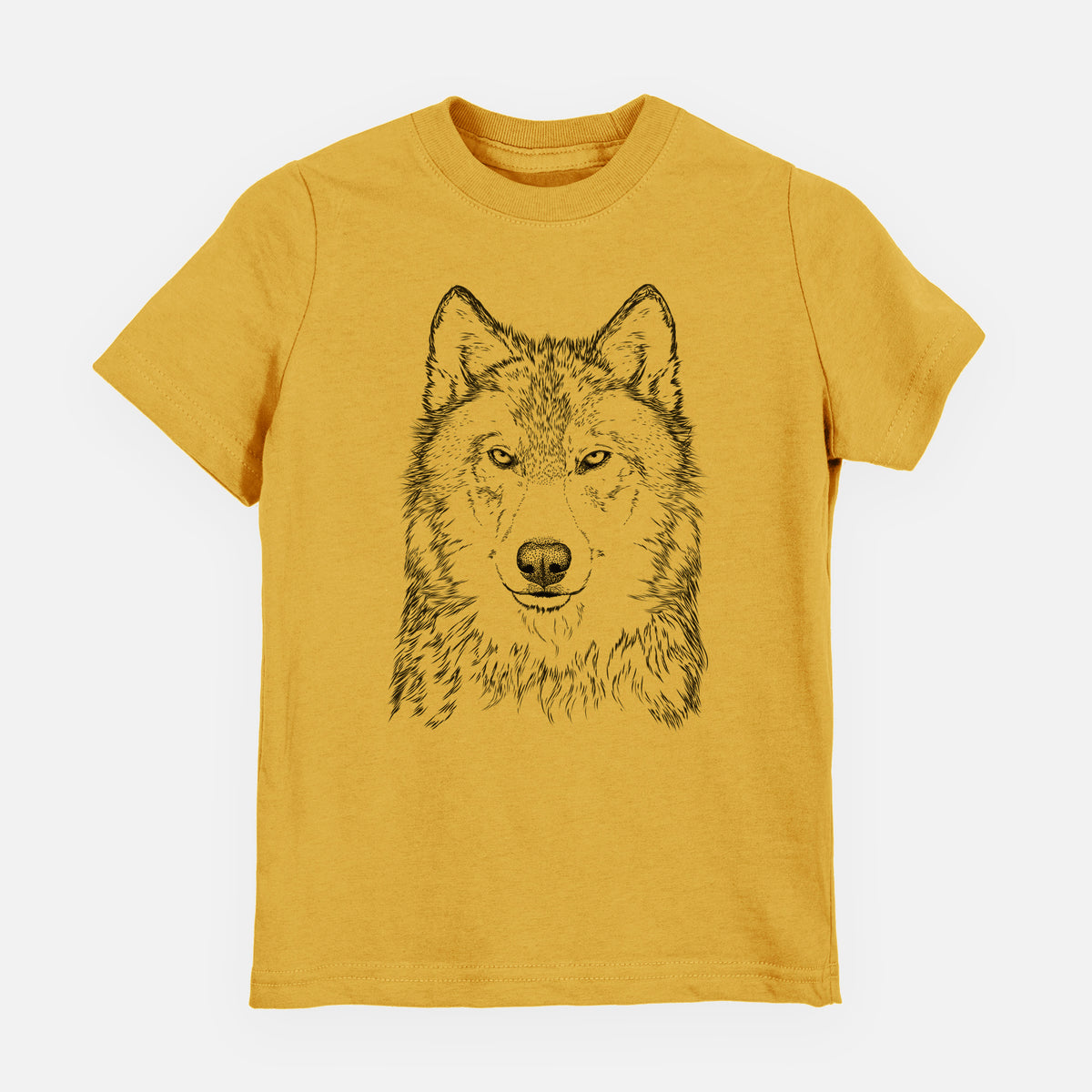 Honeycomb yellow youth t-shirt laid flat, printed with a detailed black ink portrait of a grey wolf facing forward.