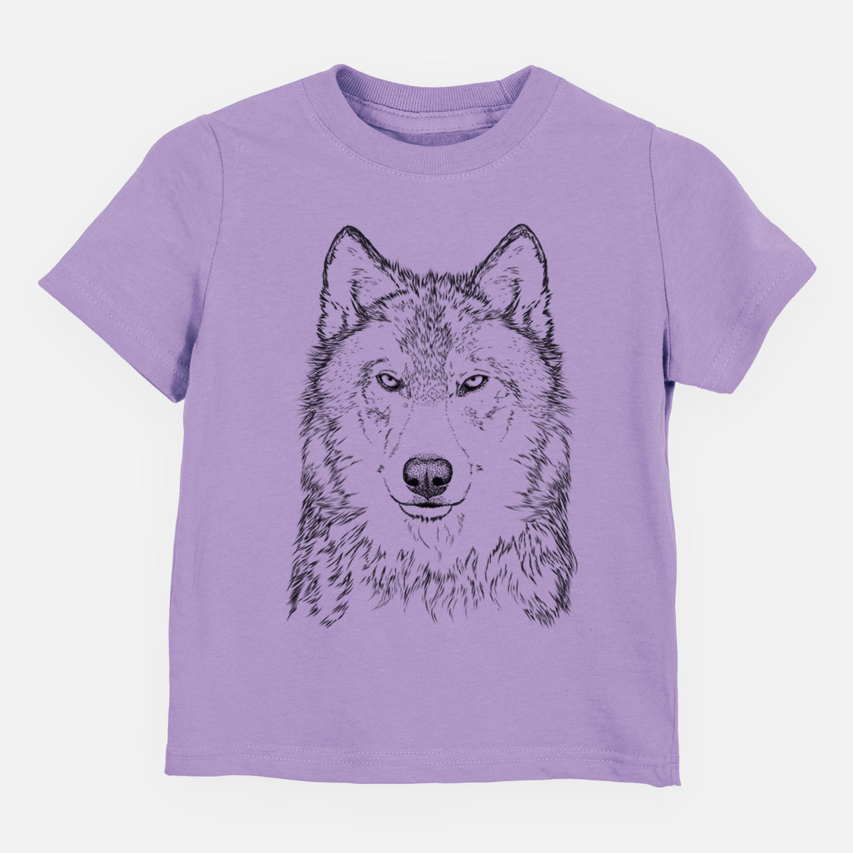 Lavender toddler t-shirt laid flat, printed with a detailed black ink portrait of a grey wolf facing forward.